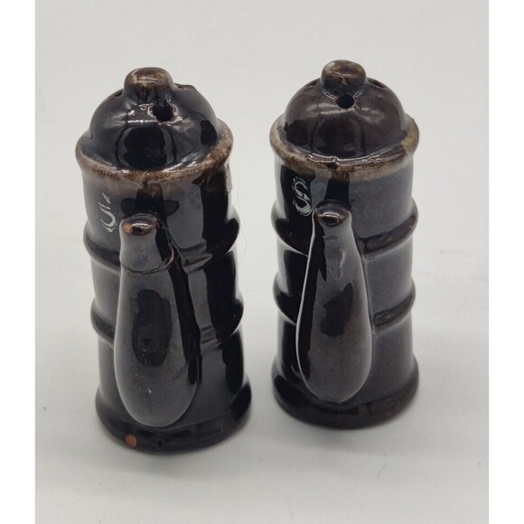 Vintage Teapot TWO SALT Shakers Tea Pots Brown Coffee Kettles VTG 2 Mid Century - Picture 2 of 15